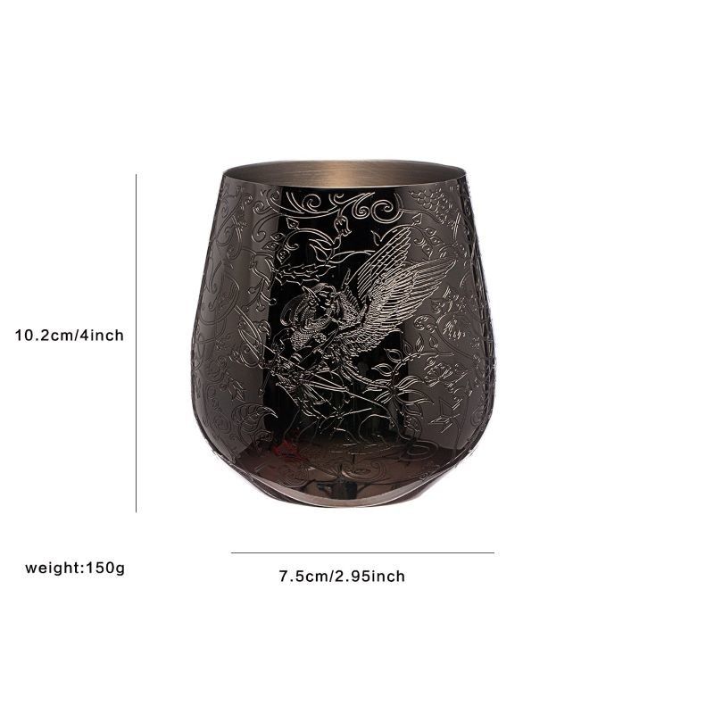 Sleek Single Wall Black Stainless Steel Wine Glass Egg Shape Etched with Fairy and Castle Design
